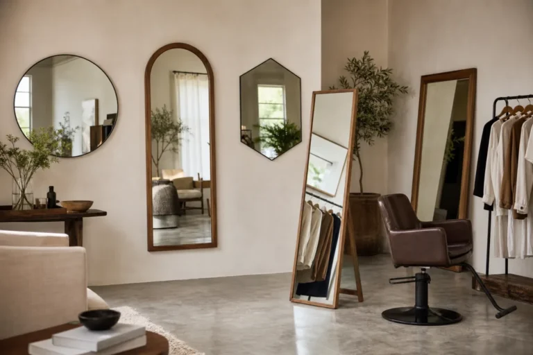 نمایش چند مدل آینه دکوراتیو گرد، قوسی، هندسی، قدی پایه‌دار و تکیه‌ای در فضایی با صندلی سالن و رگال لباس